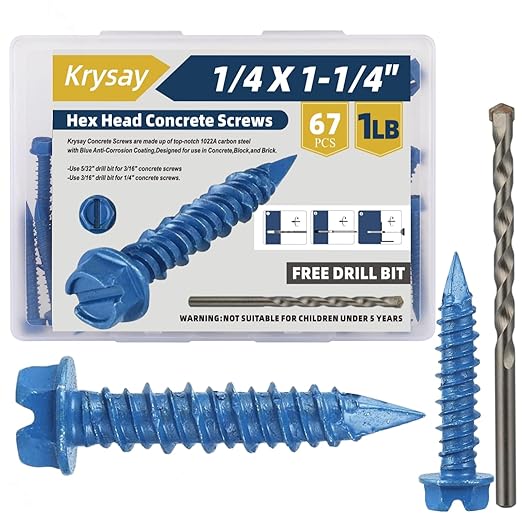 67Pcs 1/4 x 1-1/4 in Concrete Screws with Drill bits,Masonry Screws for Concrete Assortment Kit,Hex Head Block Cement Stacoo Screws and Anchors,Diamond Point,Blue Coated(1LB)