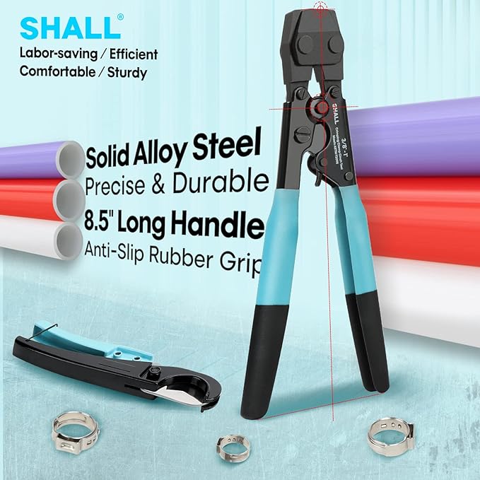 SHALL Pex Crimping Clamp Cinch Tool and Pipe Hose Cutter, Pipe Fitting Crimper Tool Kit Meets ASTM F2098 for 3/8" to 1" Stainless Steel Clamps Including 20pcs 1/2", 10pcs 3/4" Clamps With Storage Bag