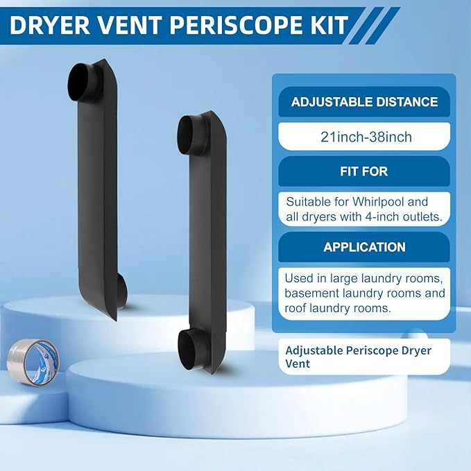 Periscope Dryer Vent Connector Kit, Upgraded 304 Stainless Steel Adjustable 21-38",Telescoping Dryer Vent Duct Fit for Whirlpool and All 4in Dryer Outlet - Flat Dryer Vent Duct (Black)