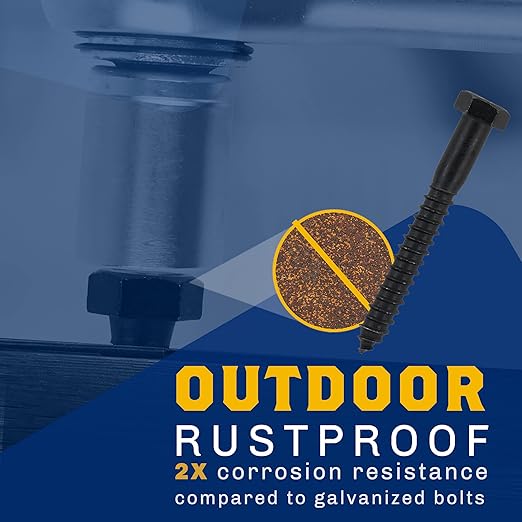 1/2" x 6”, 25-Piece Black Lag Bolts, Rustproof 4-Layer Ceramic BLAKOTE, 2X Protection of Galvanized Lag Screws, for Decks Pergolas by Makers Bolt