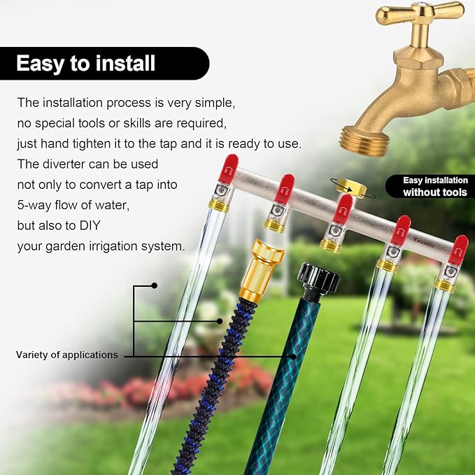 5 Way Garden Hose Splitter, Heavy Duty Brass Nickel Plated Rust Resistant Faucet Manifold, 3/4" Frost Resistant Outdoor Hose Adapter Connector，Hose Spigot Adapter with 5 large red handles