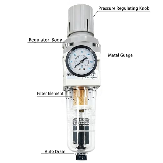 XingNEeng 1/4" NPT Compressed Air Filter Regulator Lubricator Combo, Auto-Drain Water/Oil Trap Separator, Gauge(0-150 psi), Poly Bowl, Metal Bracket, 5 Micron Brass Element, for Pneumatic Systems