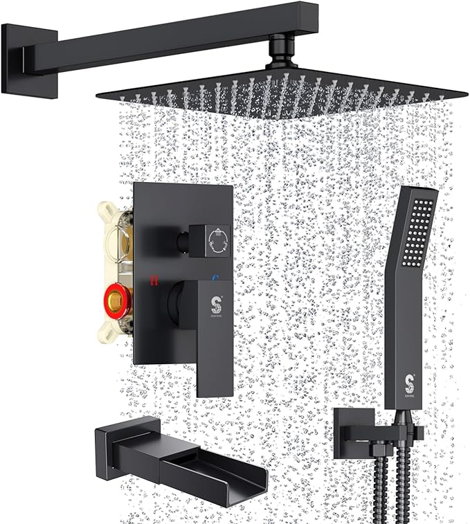 SR SUN RISE 10 Inches All Metal Bathtub Faucet Set Shower System with Tub Spout Square Rain Shower Head and Handheld Combo Shower Fixtures, Modern Valve and Trim Kit, Matte Black