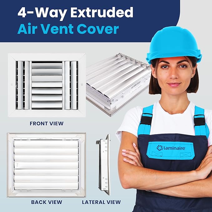 10x8 Inch (Duct Opening) Aluminum 4-Way Air Flow Vent – HVAC Vent Cover for Wall or Ceiling – Quiet HVAC Wall Register with Multi-Shutter Damper – Adjustable Curved Blade - Plastic Seal for Tight Fit