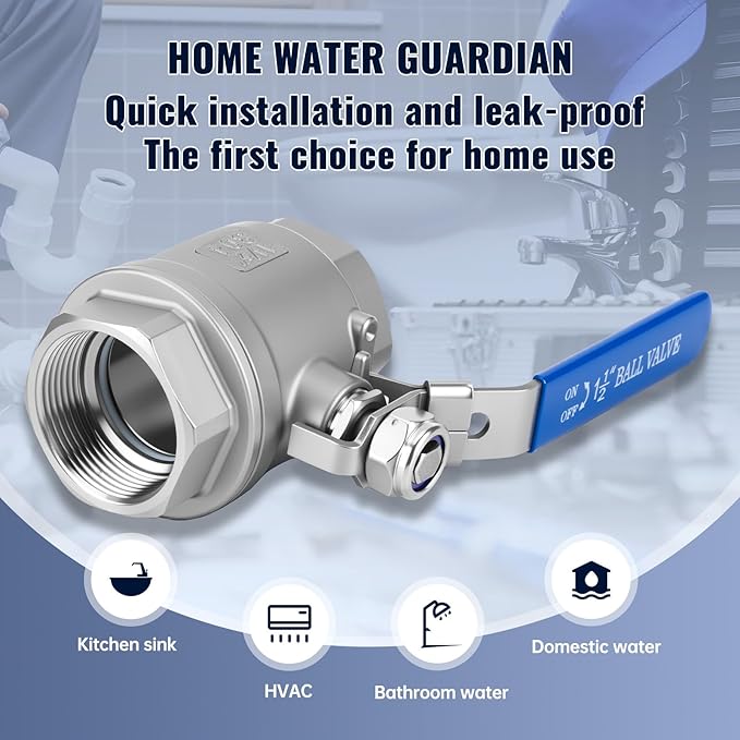 2 Pack 1.5" Ball Valves NPT Female Valve 304 Stainless Steel Full Port Locking Ball Valve Handle, Heavy Duty Shut Off Valve for Home and Industrial (1.5 Inch)