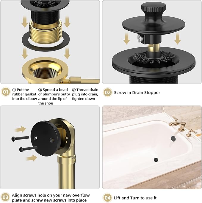 Matte Black Bathtub Drain, Hair Catcher and 2-Hole Overflow Faceplate, 11.5/16 UNC, Lift and Turn Bathtub Drain Replacement, Tub Drain Stopper