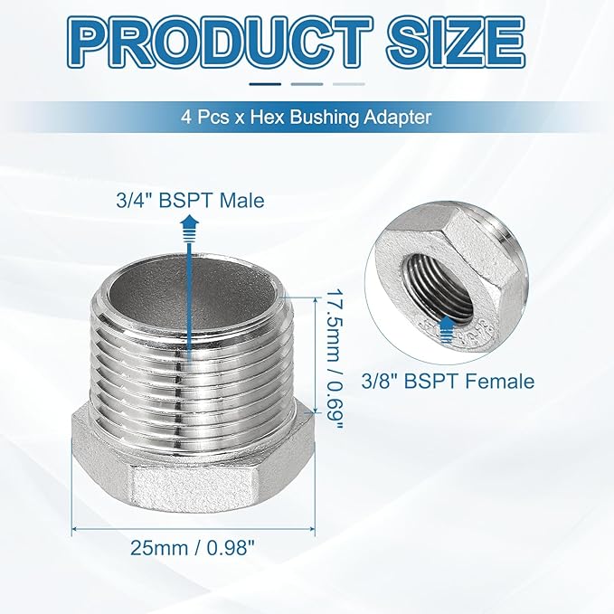 PATIKIL 304 Stainless Steel Reducer Hex Bushing 4 Pcs, 3/4" BSPT Male to 3/8" BSPT Female Pipe Reducing Adapter Fitting Connector for Water Gas Hydraulic Pipes Shower Hose, Silver