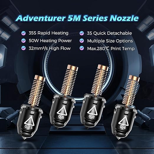 FLASHFORGE Adventurer 5M Nozzle, 0.4mm 280℃ High Flow 32mm³/s Nozzle for Stable High-Speed Printing, Adventurer 5M Pro Hotend, 3S Quick-Detachable Nozzle