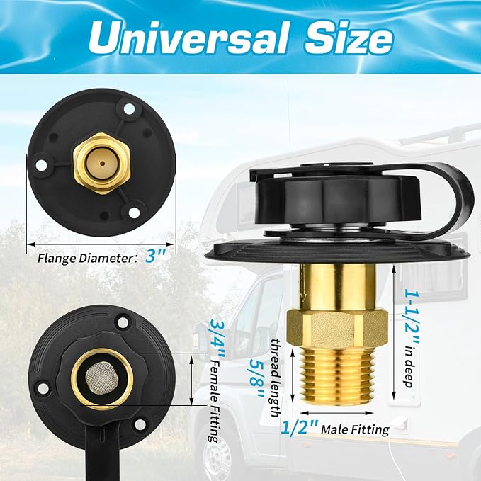 RV City Water Inlet with Brass Check Valve, Fresh Water Fill Flange for Camper Hookup, Durable RV Water Replacement Connection Fittings, Black