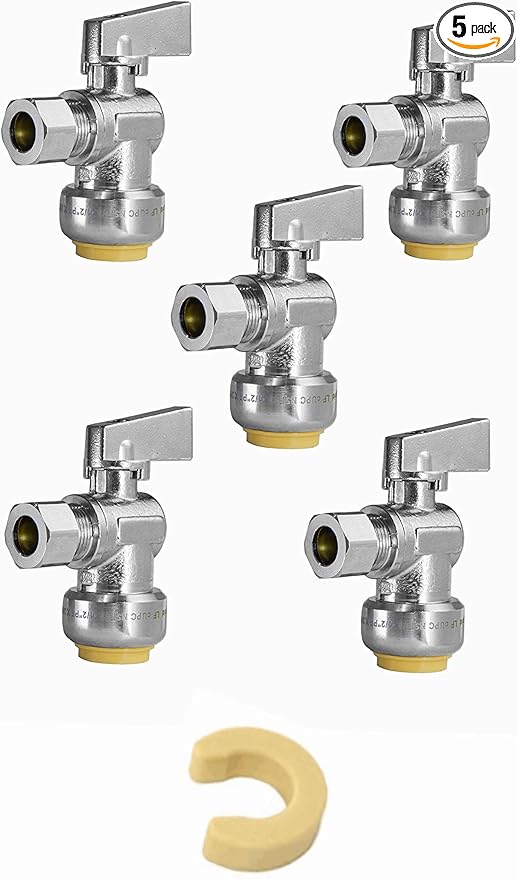 (Pack of 5) EFIELD Push Fit 1/4 Turn Angle Stop Valve Water Shut Off 1/2 Push x 3/8 Inch Compression, Chrome Plated,(PF-UNI004-5PCS)