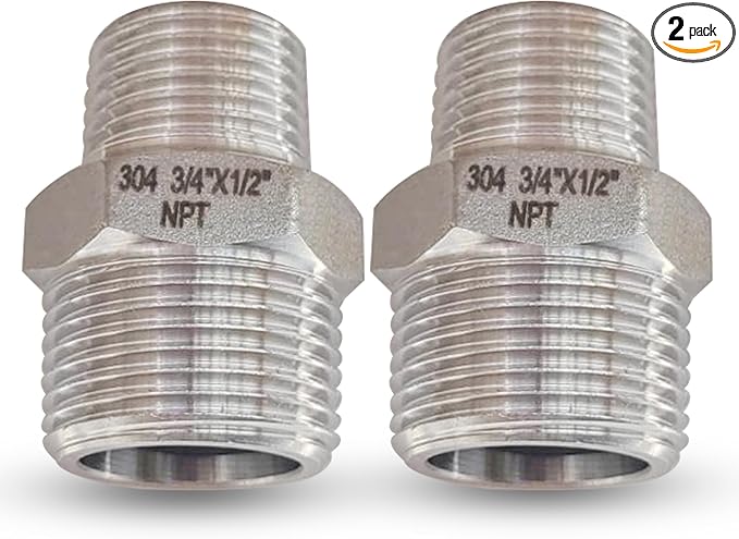 3/4” Male x 1/2"Male NPT Threaded Reducing Nipple Pipe Fitting Adapter, Heavy Duty 304 Stainless Steel Hex Nipple Reducer Straight Connector Pipe Adapter (3/4”-1/2”)