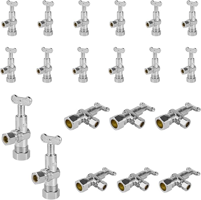 20-Pack Foskan 1/4 Turn Loose Key Angle Stop Valve,Compression Shut Off Valve 1/2" NOM (5/8" OD) x 3/8" OD,Chrome Plated Brass