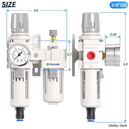 TAILONZ PNEUMATIC 3/8 Inch NPT Air Filter Pressure Regulator Water/Oil Trap Separator Combo(0-145PSI),Air Tool Compressor Filter with Gauge AC3010-03D（Automatic Drainage）