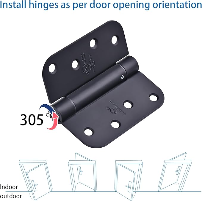Self Closing Door Hinges 4 inch Matte Black Auto Close Hinge Adjustable 4 x 4 Inch Spring Hinges 5/8" Radius Corner Commercial Auto Door Closer Hinge UL Listed, 6 Pieces