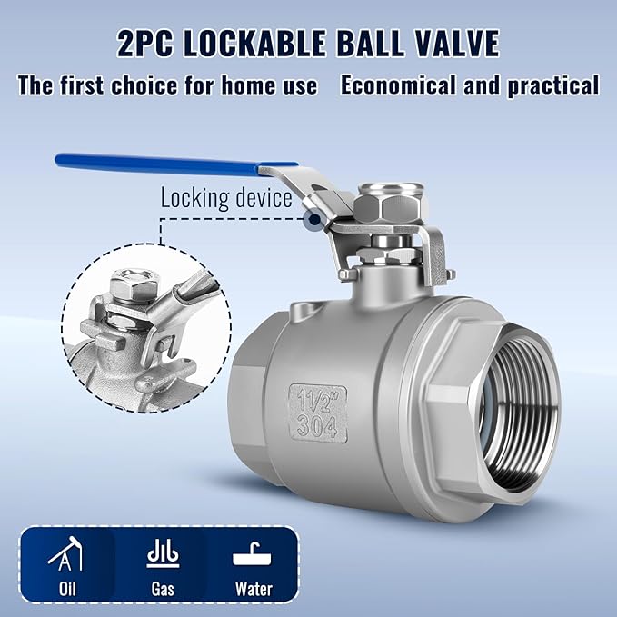 2 Pack 1.5" Ball Valves NPT Female Valve 304 Stainless Steel Full Port Locking Ball Valve Handle, Heavy Duty Shut Off Valve for Home and Industrial (1.5 Inch)