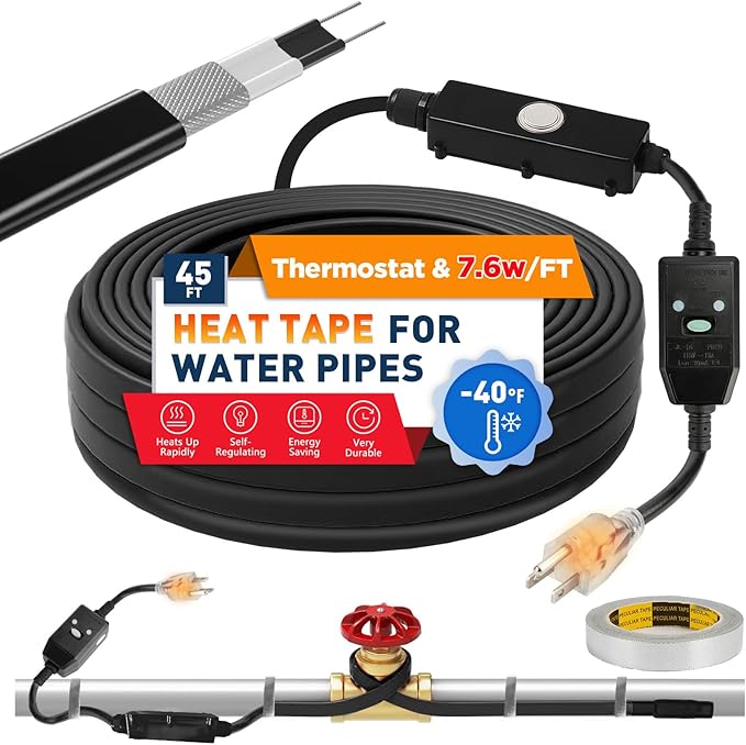 3~100FT Heat Tape for Water Pipes, UL & ETL Certified 45 FT Self-Regulating Pipe Heating Cable with Thermostat for Pipe Freeze Protection, Waterproof Heat Tape for Metal and Plastic Pipes,Black