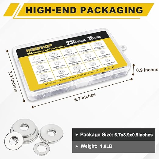 235Pcs Fender Washers, 304 Stainless Steel Flat Washers Assortment Kit, 15 Different Sizes M3 M4 M5 M6 M8 M10 M12 Metal Washers for Screws Bolts Hardware for Various Home Industrial Automotive