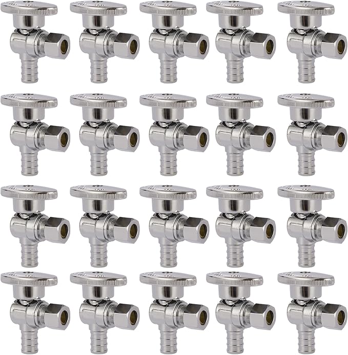 Angle Stop Valve,1/2 Inch Pex X 3/8 Inch OD Compression Angle Shut-off Valve with 1/4 Turn on/off (Pack of 20,ASTM F1807)(VALVE076-20Pack)