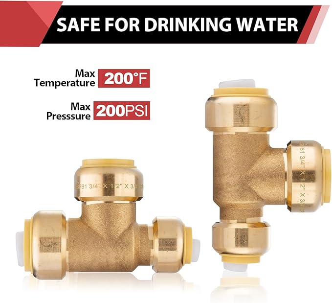 (Pack of 2) EFIELD 3/4"x 1/2" x3/4" Tee Push-Fit Fitting to Connect Pex, Copper, CPVC With 2 Size Disconnect Clips,(PF128-2PCS)