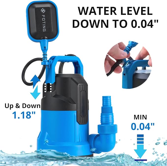 FOTING 4900GPH Sump Pump Automatic & Maunal,Drian Up to 0.04",with Float Switch,Big Flow Clean & Dirty 1/2HP Submersible Water Pump,10FT Electric Utility Pump for Pool Draining Hot Tub Garden Basement