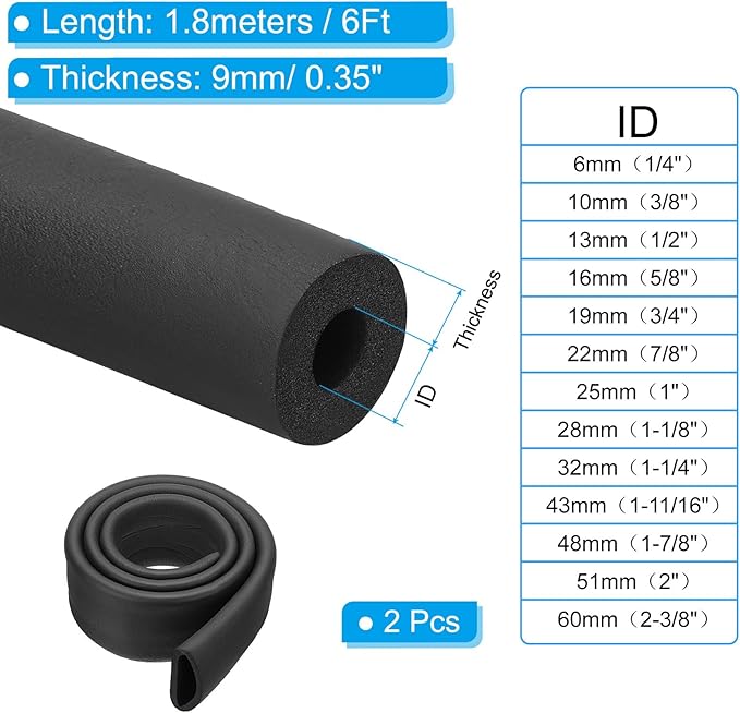 PATIKIL 2-3/8"(60mm) ID x 6Ft Pipe Insulation Foam Tube, 2Pcs Pipe Cover Wrap Roll Bar Padding Tubing for Handle Grip HVAC Outdoor Air Conditioner Units