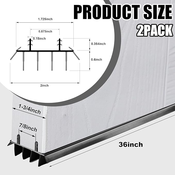 Replacement Door Bottom with Vinyl Fins 36" Long 1 3/4" Wide Threshold Seal Bottom of Door Weatherstrip Kerf Weather Stripping for 7/8" Between Barbs(2 Pcs,Black)