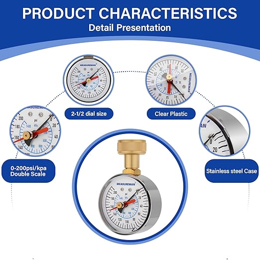 MEASUREMAN 0-200 PSI Water Pressure Gauge with Lazy Hand, 2-1/2'' Dial, Lead-Free, Stainless Steel Case, 3/4” Hose Thread, Water Pressure Gauge for Home