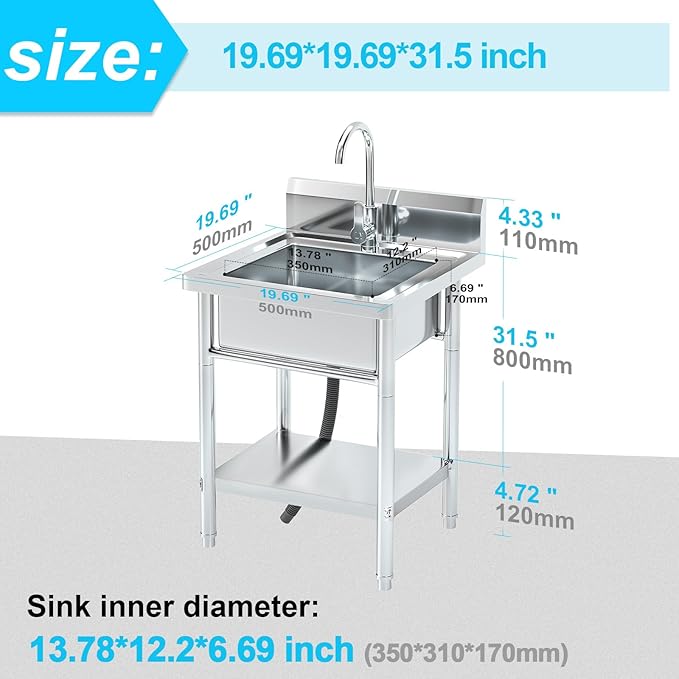 Utility Sink Freestanding Single Bowl Laundry Sink with Hot and Cold Water Plumbing Stainless Steel Sink for Kitchen and Bathroom Farmhouse Style