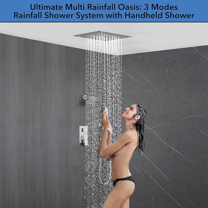 VANFOXLE Shower Faucet Set Brushed Nickel Shower System,Shower Faucet with 2 in 1 Handheld,Ceiling Mount 16 Inch Shower Head+6 Inch Shower Head(Rough-in Valve Body and Trim)