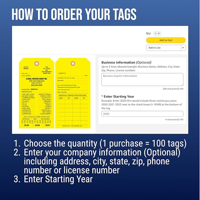 Tags 4 Less Custom Fire Extinguisher Tags – Preventative Maintenance Labels for Monthly Inspections, Alternative to Safety Sticker for Easy Record-Keeping – Pack of 100 (Yellow, Cardboard)