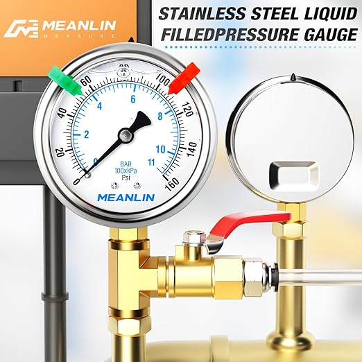 MEANLIN MEASURE 0~160Psi Liquid Filled Pressure Gauge 1/4" NPT 2.5" FACE DIAL Stainless Steel Glycerin Filled WOG Water Oil Air Lower Mount (with 2PCS Snaps)