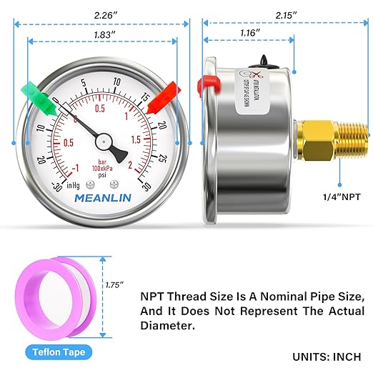 MEANLIN MEASURE -30inHG~30Psi Vacuum Gauge Stainless Steel 1/4" NPT 2" FACE DIAL Waterproof for Air Compressor HVAC Negative Pressure Hand Pump Pool Center Back Mount (with 2PCS Snaps)
