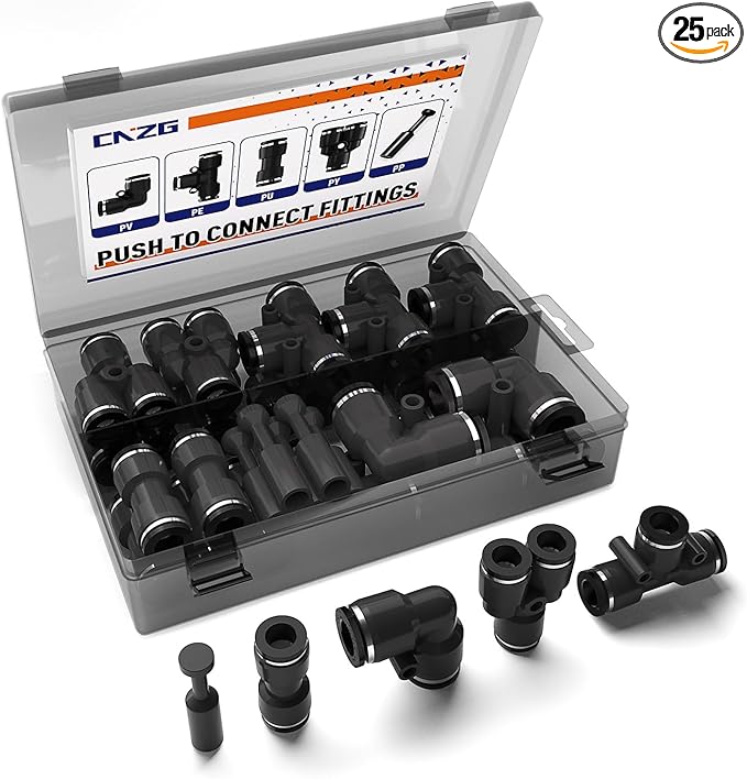 25pcs 3/8" Push to Connect Fittings, 3/8 inch OD Dot Air Line Fittings Pneumatic Air Hose Tubing Quick Connects Kit (Tee, Straights, Elbow, Splitters,Plugs)