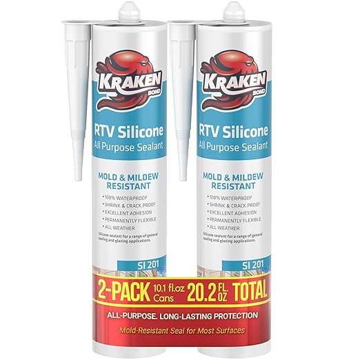 Kraken Bond Gray Silicone Sealant Waterproof% 100-10 fl oz Cartridge - RTV Silicone Caulk Kitchen and Bathroom, All Purpose, Window Caulking Sealant Outdoor, RV, Exterior Use Silicon - 2 Pack