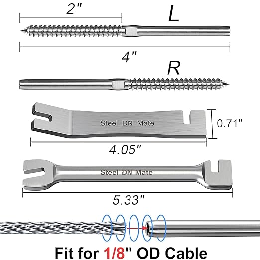 Steel DN Mate 200 Pack T316 Stainless Steel Right&Left Handed Thread Swage Lag Screws for Wood Post of 1/8" Steel Cable Railing Kit, Cable Railing Hardware, DIY Deck Railings, Wrench Include, DM50