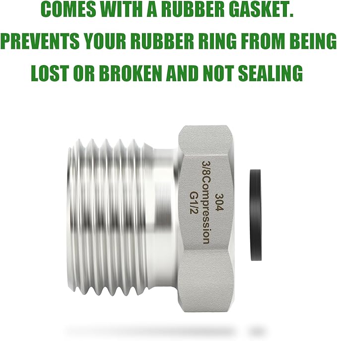 TAISHER 2PCS 304 Stainless Steel Reducer Water Hose Adapter 1/2" G Thread (BSP) × 3/8" Compression Pipe Fitting for kitchen bathroom faucet supply line adapter with rubber gasket