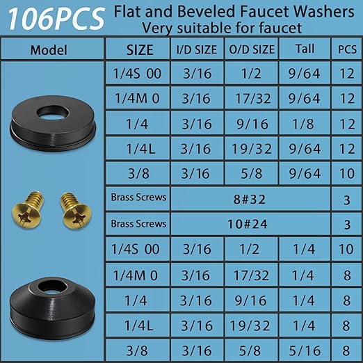 106 pcs Flat and Beveled Faucet Washers and Brass Bibb Screws Assortment for Use with Assorted Quick-Opening Style Faucets Stem Worn Out Washer Replacements Black