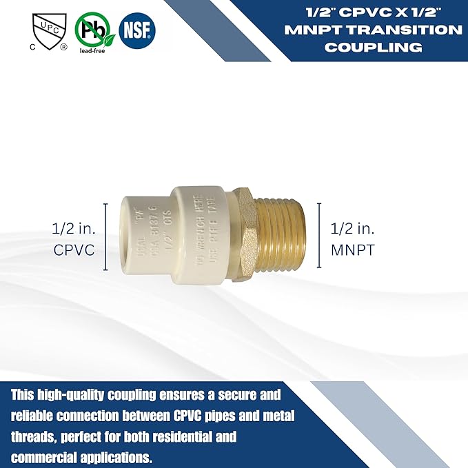 XFITTING CPVC Transition Coupling, 1/2 inch CPVC x 1/2 inch MNPT, Pack of 2