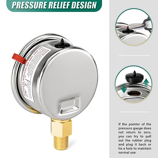-30inHG-30PSI Stainless Steel Liquid Filled Pressure Gauge, 2.5" Dial Size, 1/8" NPT Lower Mount, for Tube, Water Pump, Gas, Liquid, Pressure Test (with Range Mark Pointer)