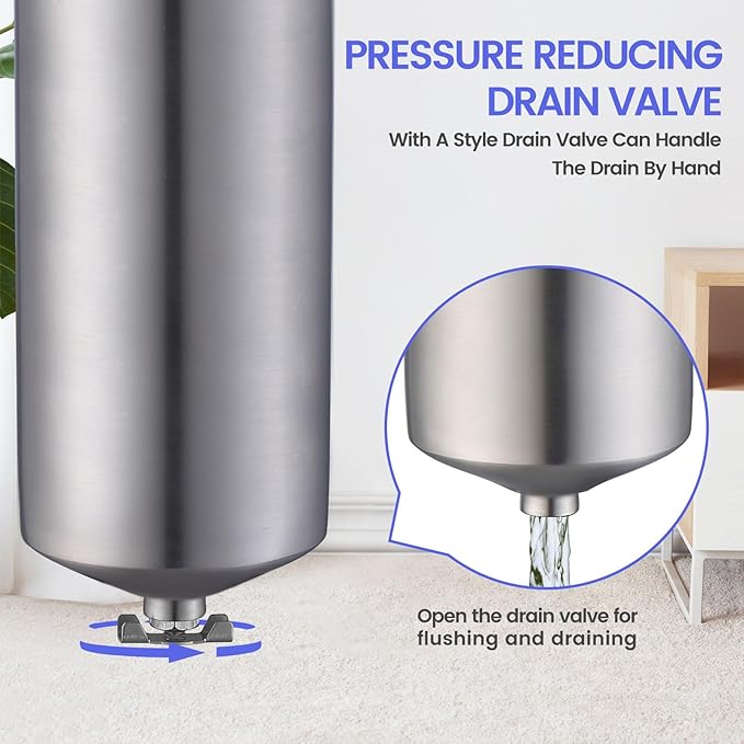 Amwater NSF/ANSI 42 Stainless Steel Whole House Water Filter Housing, 10" x 2.5" Sediment Water Filter System for Heavy Duty, Well & City Water, 1/2" NPT Port, Drain Valve Style A