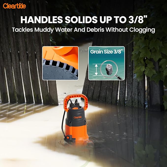 Cleartide Submersible Sump Pump with Smart Water Sensor, 1/3 HP 2790GPH High-Capacity Utility Pump, Auto and Manual Mode Handles 3/8" Solids, for Pool, Basement, Garden Drainage