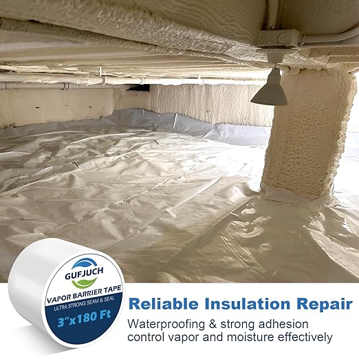 Vapor Barrier Tape, White Polyethylene Waterproof Seal & Seam Tape For Crawl Spaces, Moisture Barriers, Underlayment Seams, Metal Building Seams, Air Barrier, Insulation Repair & Plastic Liners