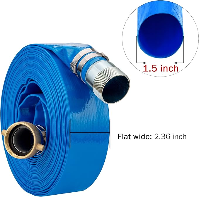 DAVCO 1.5" ID x 50 ft Pool Backwash Hose, Heavy Duty Reinforced Blue PVC Lay Flat Water Discharge Pump Hoses For Swimming Drain Pools and Clean Filters, with Brass NPT Pin Lug and KC Nipple Fittings