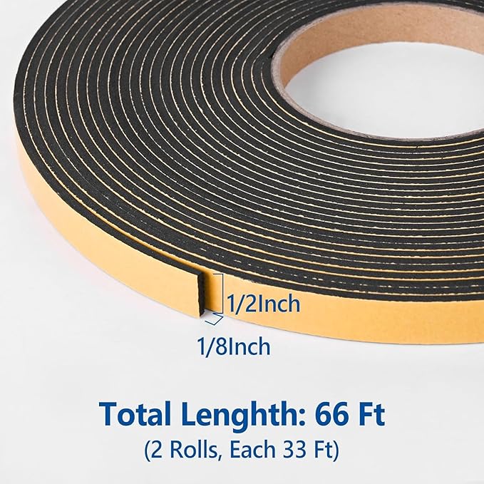 Kikerike Self Adhesive Foam Tape Weatherstrip 1/2in x 1/8in x 66Ft High Density Foam Insulation Strips Seal Weather Stripping with Strong Adhesive for Door and Window Sound Isolation Soundproofing
