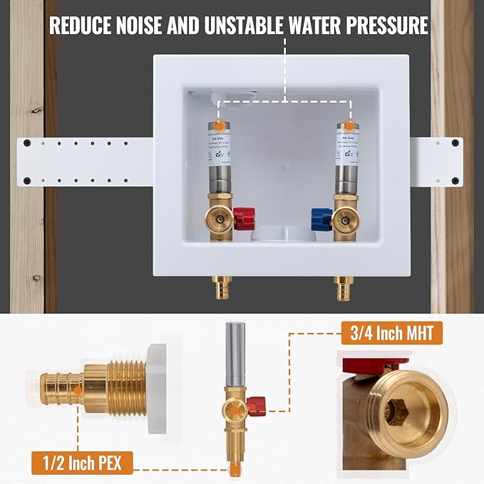 SUNGATOR Washing Machine Laundry Outlet Box, Washer Water Valve Wall Box with Center Drain, 1/2 Inch Pex Crimp Inlet x 3/4 Inch MHT Outlet, with Stainless Steel Water Hammer Arrestor and 4 Crimp Rings