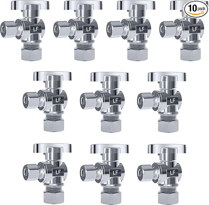 VINTEX 10 Pack Angle Stop Valve 1/2 in. NOM Compression x 3/8 in. OD Compression, 5/8" OD x 3/8" OD Quarter Turn Water Shut Off Valve, Toilet Shut Off Valve,Brass,Chrome
