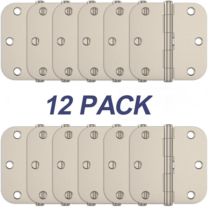 12 Pack Rounded Satin Nickel Door Hinges, 3.5 x 3.5 Inch Hinges with 5/8" Radius Corners, Durable and No Squeak Hinges, for Home Interior, Exterior Doors and Commercial Use