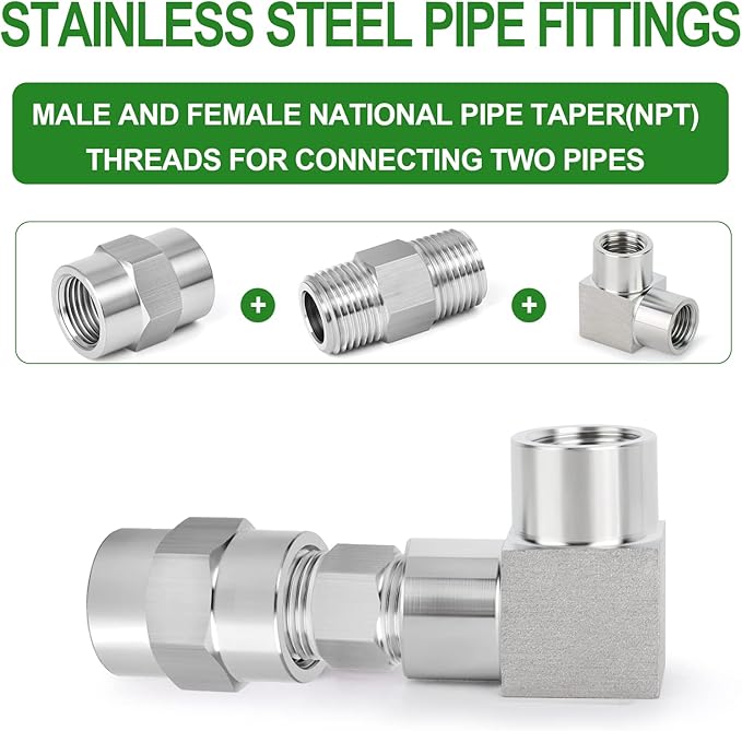 TAISHER 2PCS 304 Stainless Steel Square 90 Degree Barstock Street Elbow, 3/8 Inch NPT Female Pipe to 3/8 Inch NPT Female 304 Stainless Pipe Fitting