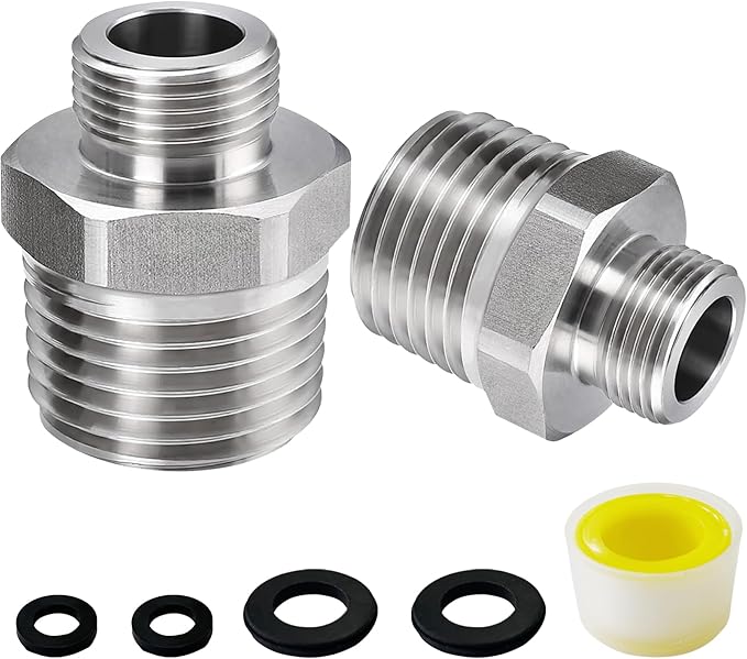 1/2 to 3/8 RV Faucet Adapter, 304 Stainless Steel 3/8 Male to 1/2 Male Compression Reducer Fittings, Water Line Supply Adapter for RV Kitchen, Water Hose Pipe Connector with Rubber Washer(2 Pack)