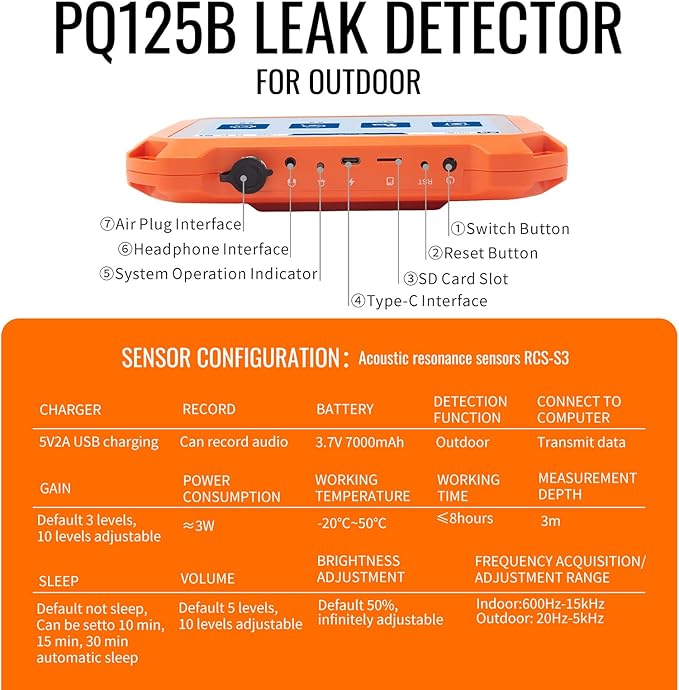 PQWT Underground Water Leak Detectors PQ125B Outdoor Wall Pipe Water Leakage Detection with Touchscreen Earphone and Carrying Case Sensor Acoustic Pipeline Sound Intensifier